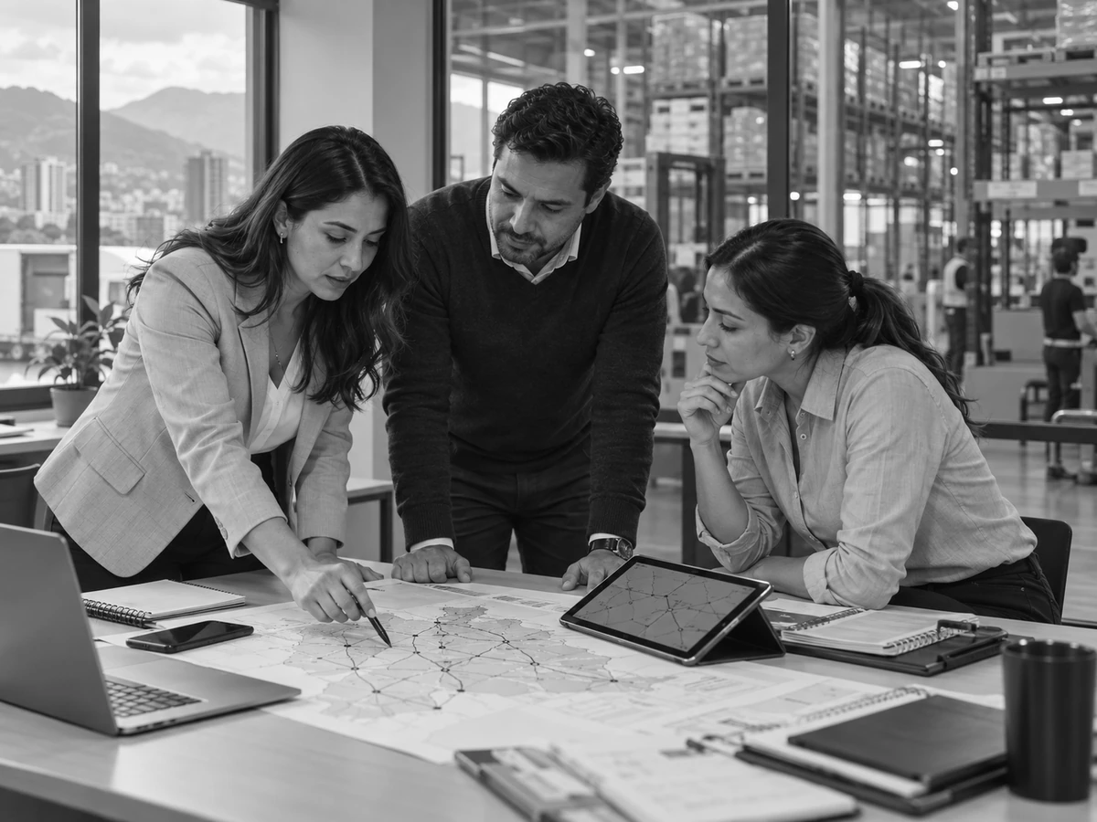Profesionales revisan rutas y planificación junto a un centro de distribución.