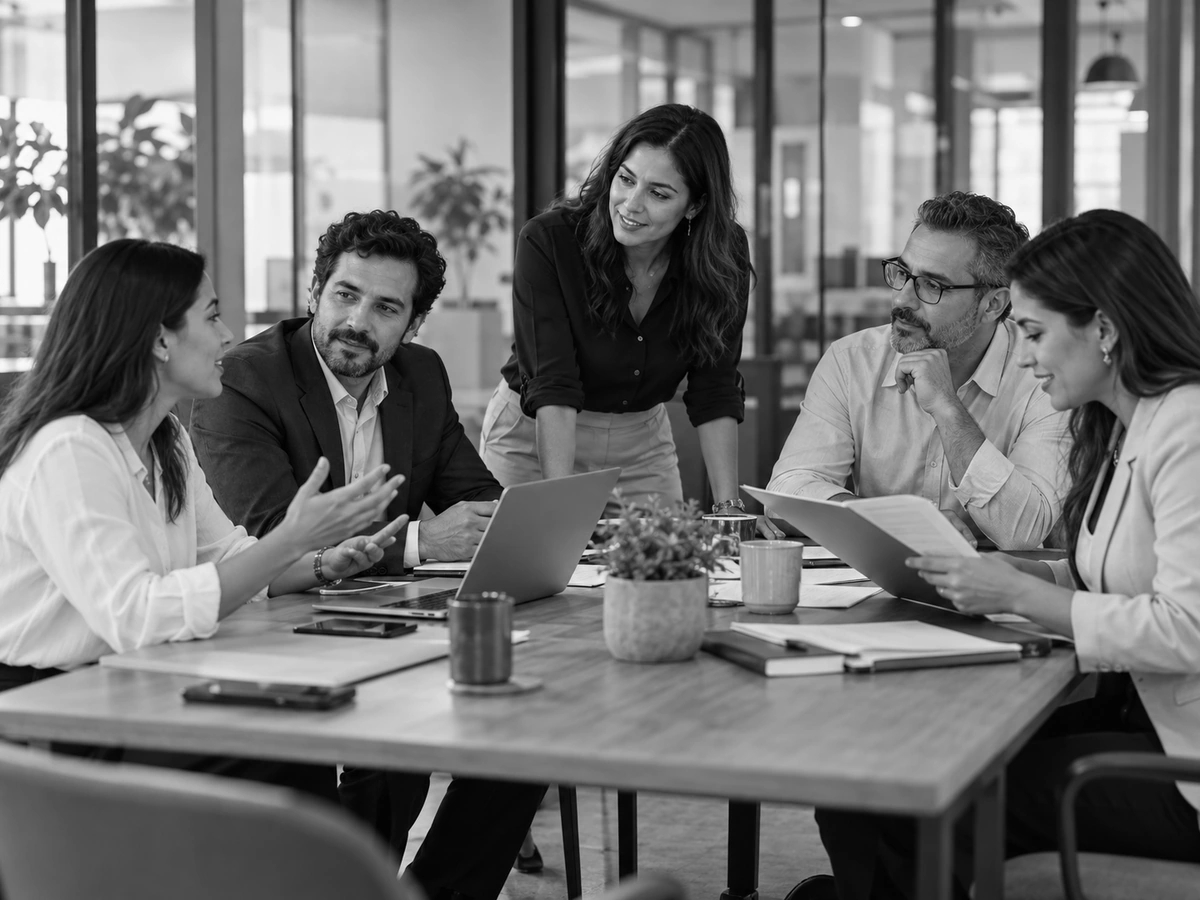 Equipo de profesionales colaborando en una reunión de trabajo.